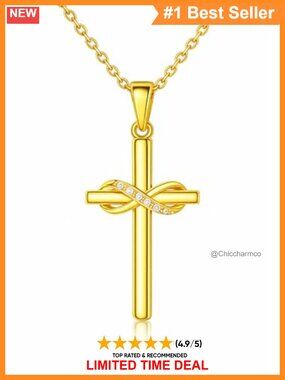 14K Gold Cross Necklace Small Infinity Pendant Adjustable Chain